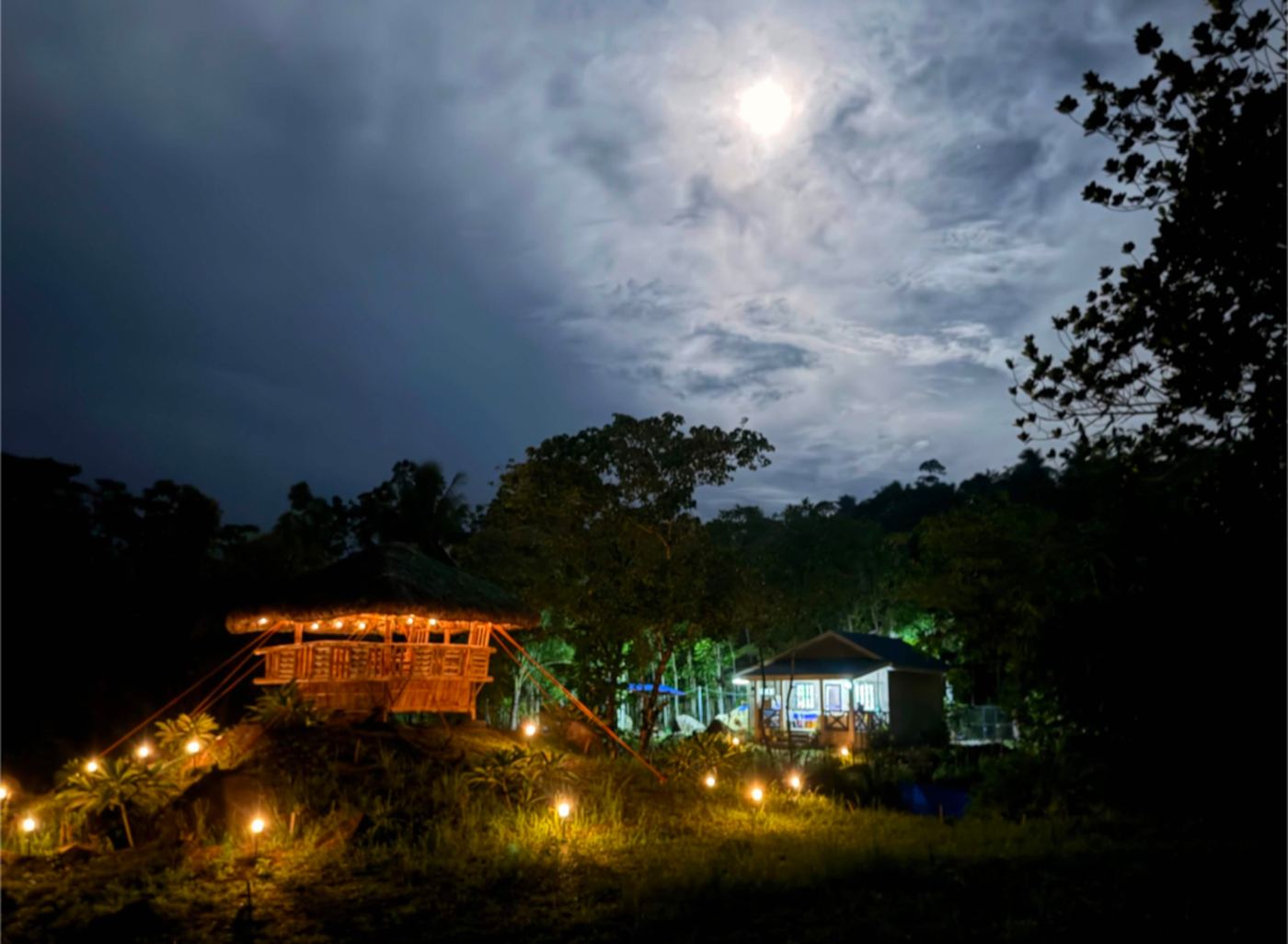Farmhouse at night with string lights